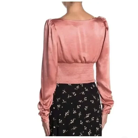 Free People Santiago blouse in Pink Cinnamon long sleeve satin top Size Medium - Picture 2 of 10